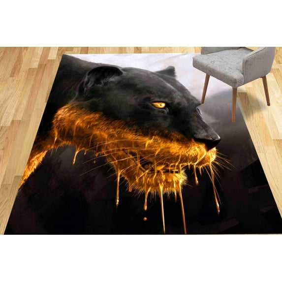 Loft Rug, Non Slip Rugs, Animal Rug, Small Rug, Soft Rug, Black and Gold Panther Rug, Dining Room Rugs, Big Cat Rug, Office Decor Rugs, 2.6'x6.5' - 80x200 cm