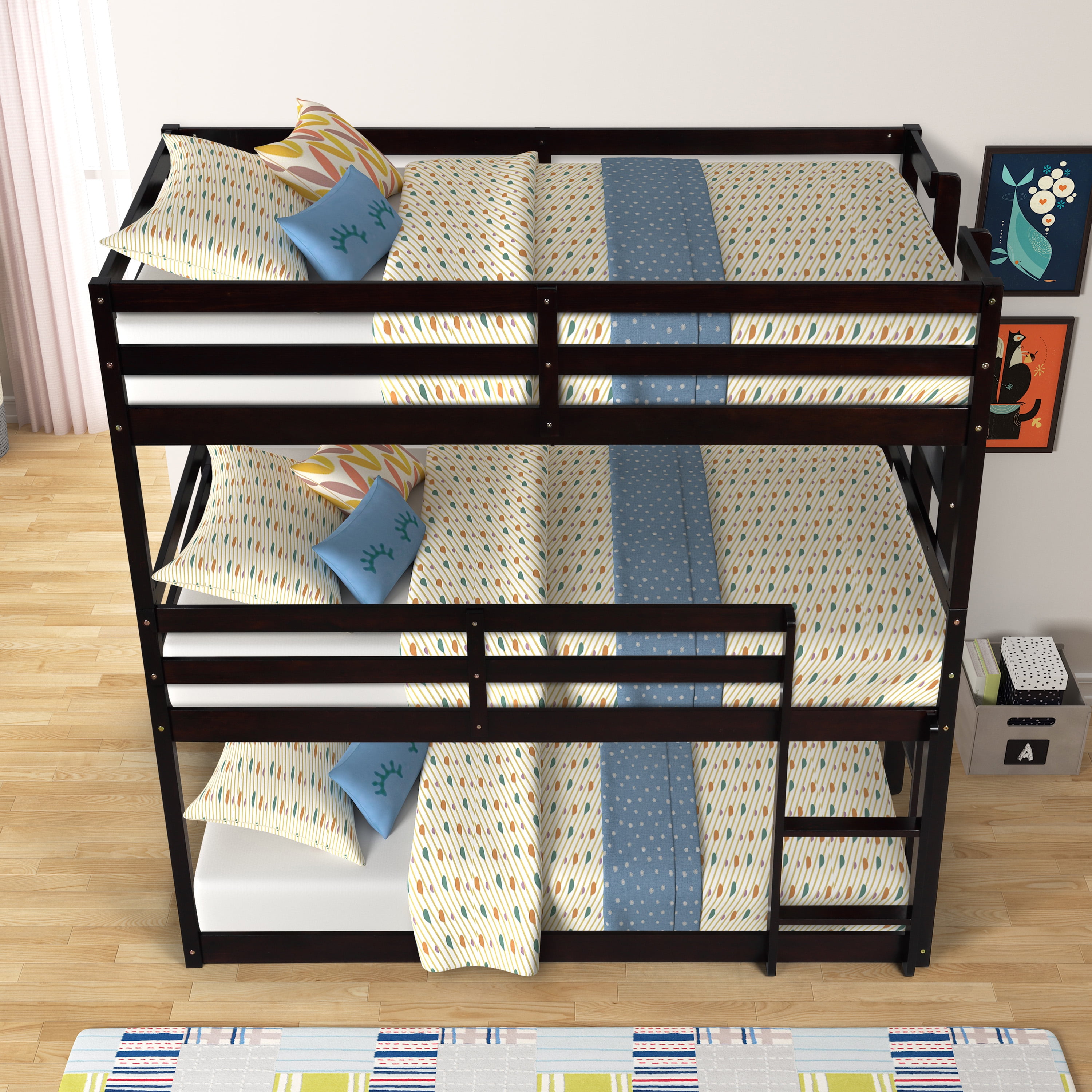 Loft Triple Bunk Bed for Kids/Adults, Triple Floor Bunk Bed Twin Solid