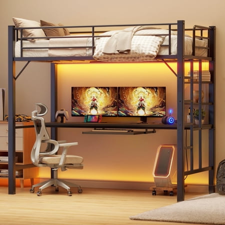 Lofka Twin Loft Bed with Desk, 400lb Capacity Metal Bed Frame, 3 Shelves, LED Lights, Charging Station, Safety Guard & Ladder, Black