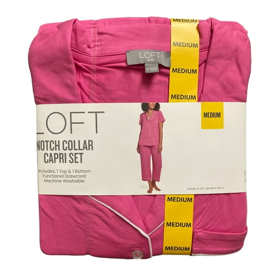 Loft Women's Notch Collar Short Sleeve and Drawcord Sleep Capri Pant Set (Hot Pink, XL)