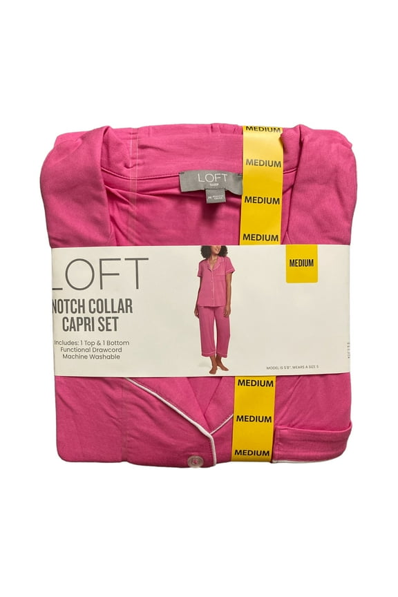 Women's Notch Collar Short Sleeve and Drawcord Sleep Capri Pant Set (Hot Pink, XXL)