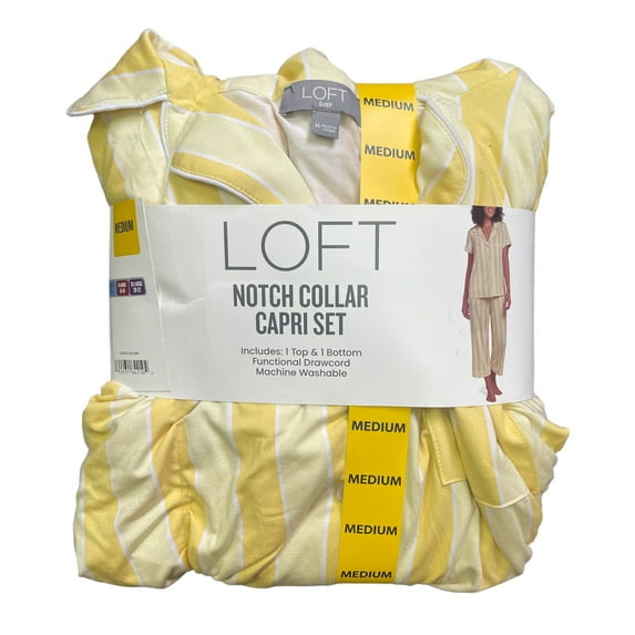 Loft Women's Notch Collar Short Sleeve and Drawcord Sleep Capri Pant Set (Yellow Stripe, XXL)