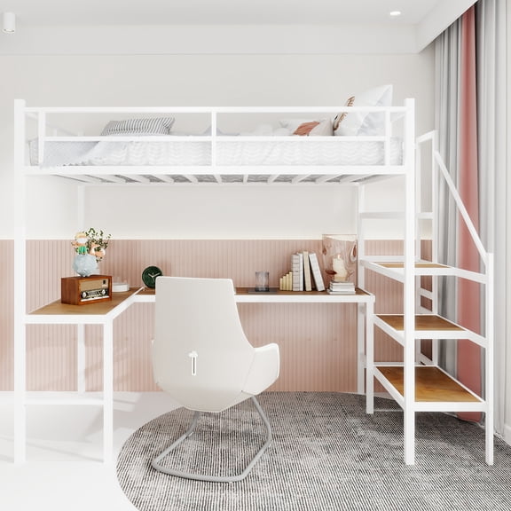 Loft bed with L-shaped desk, large storage space and storage compartments, sturdy bed frame with stairs, continuous belt railing, space-saving, noiseless, no box spring required