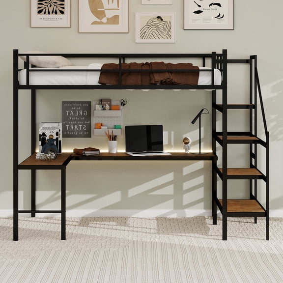 Loft bed with L-shaped desk, large storage space and storage compartments, sturdy bed frame with stairs, continuous belt railing, space-saving, noiseless, no elephant springs required