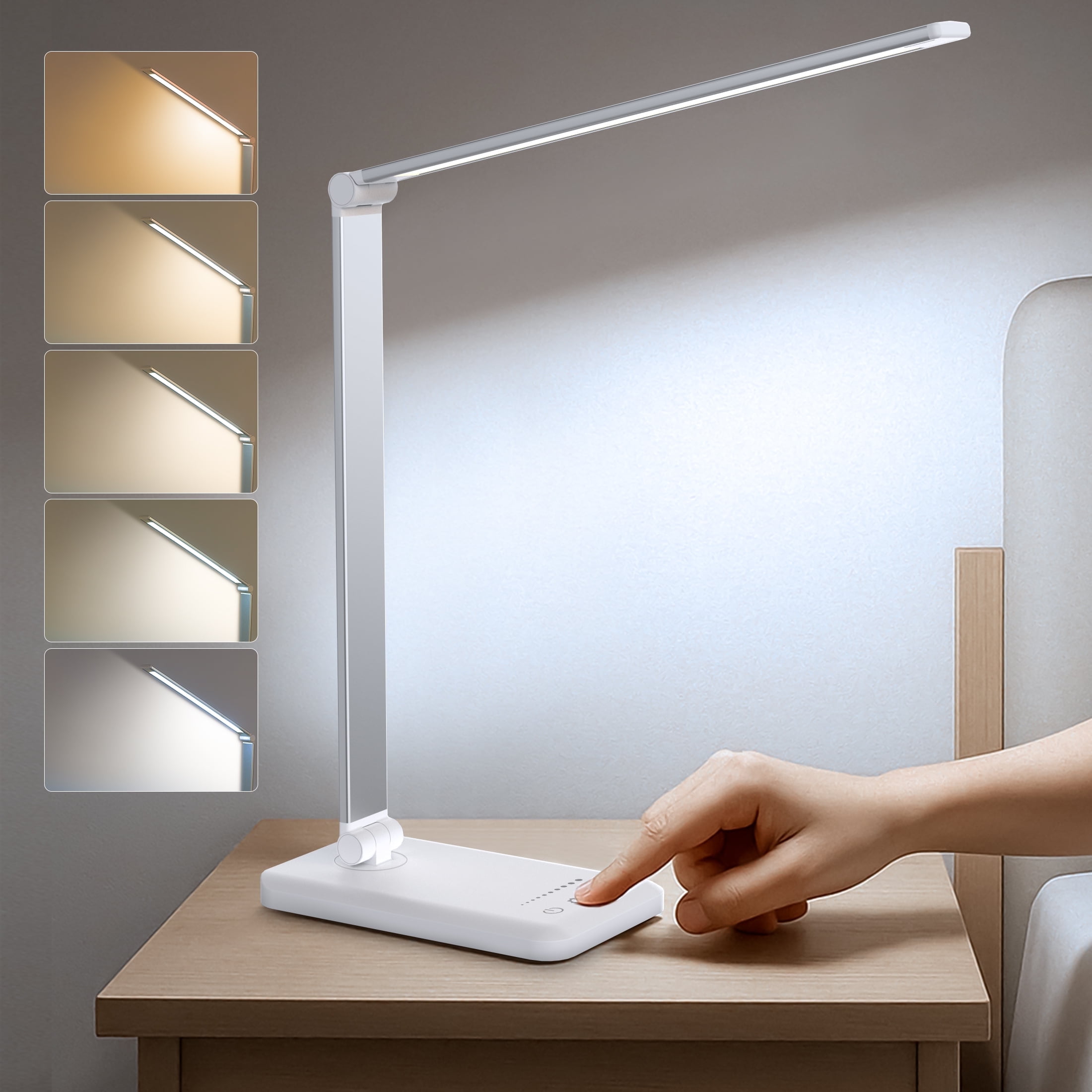 Onekawa LED Desk Lamp, Dimmable Table Reading Light with USB Charging Port, 5 Lighting Colors, Sensitive Controls, 30/60 Minute Timer for Modern Home Office