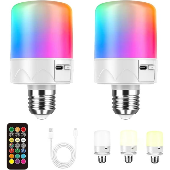LOFTER-PRO 2 Pack Rechargeable LED Bulb with Remote & Timer, Magnetic Base, 3Color emperatures+12RGB for Camping & Indoor Lighting