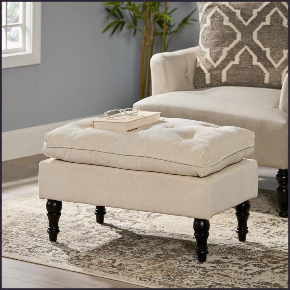 Lofton 28-Inch Pillow Top Tufted Ottoman with Birch Legs | Cream | Fabric