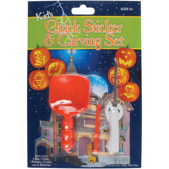 Loftus Kids Quick Sticker & Tools 9pc Halloween Pumpkin Carving Kit, Orange White