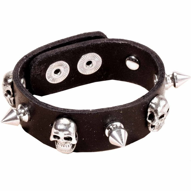 Loftus Men Spike & Skulls Punk Leather Snap Bracelet, Black, One Size