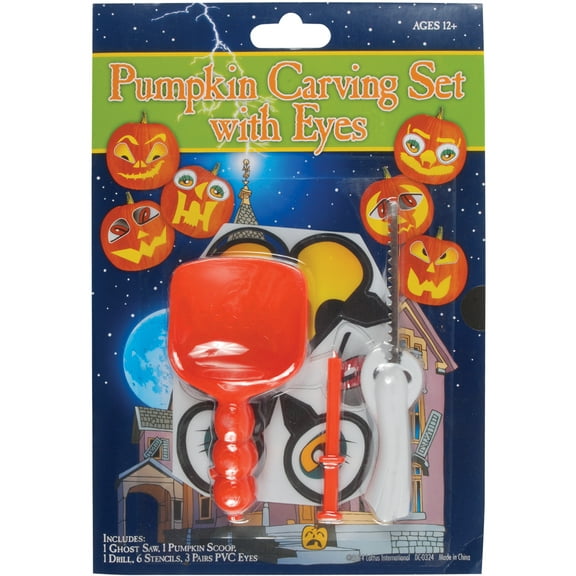 Loftus Stencils & PVC Eyes Deluxe 12pc Halloween Pumpkin Carving Kit, Orange