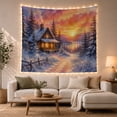 thumbnail image 1 of Log Cabin Among Snowy Pines Beside a Sunset Lake, Cozy Illustration for Nature Lovers, Winter Cabin Decor, Housewarming Gift, Tapestry Wall Hanging for Bedroom and Living Room, 1 of 7