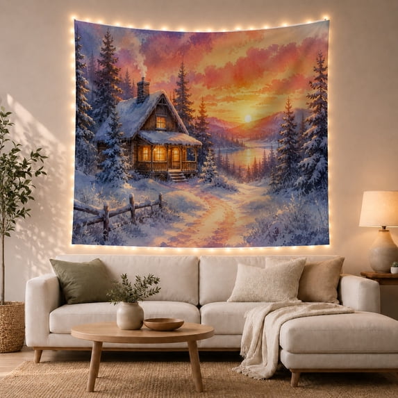 Log Cabin Among Snowy Pines Beside a Sunset Lake, Cozy Illustration for Nature Lovers, Winter Cabin Decor, Housewarming Gift, Tapestry Wall Hanging for Bedroom and Living Room