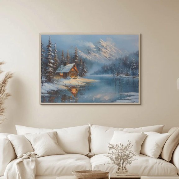Log Cabin By Lake Print: Snowy Winter Mountain View Wall Art, Style, Stretched Canvas Size 8x12