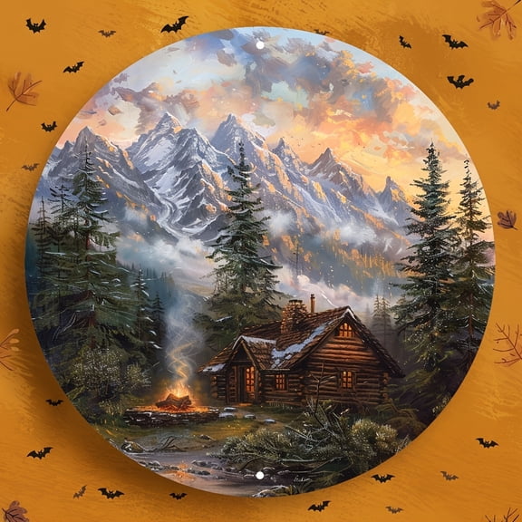 Log Cabin with Campfire at Snow-Capped Mountain Round Aluminum Sign - Rustic Wall Decor, 1pc, 8" Wall Art Metal Sign, For Office, Cafe, Bedroom Decor, Room, Home, Ideal Gift, Weather Resistant