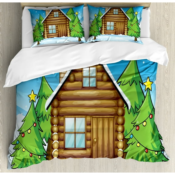 Log Cabin Duvet Cover Set, Illustration of a Cabin in Winter and Firs with Christmas Ornaments, Decorative 3 Piece Bedding Set with 2 Pillow Shams, Calking Size, Sky Blue and Multicolor, by Ambesonne