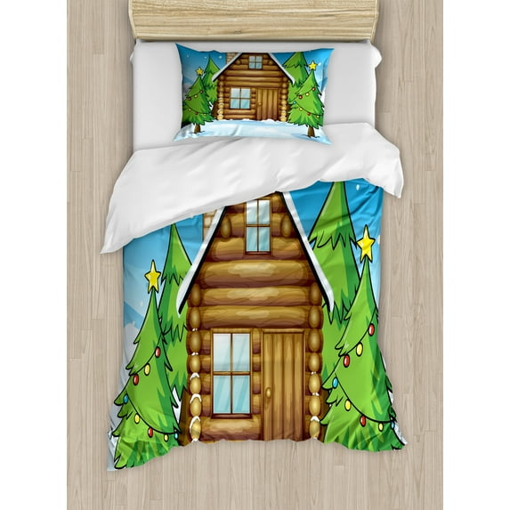 Log Cabin Duvet Cover Set, Illustration of a Cabin in Winter and Firs with Christmas Ornaments, Decorative 2 Piece Bedding Set with 1 Pillow Shams, Twin Size, Sky Blue and Multicolor, by Ambesonne