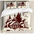 thumbnail image 1 of Log Cabin Duvet Cover Set King Size, Monochrome Drawing Image of a Wooden Cabin and Firs with Winter Theme, Decorative 3 Piece Bedding Set with 2 Pillow Shams, Eggshell Dark Rosewood, by Ambesonne, 1 of 3