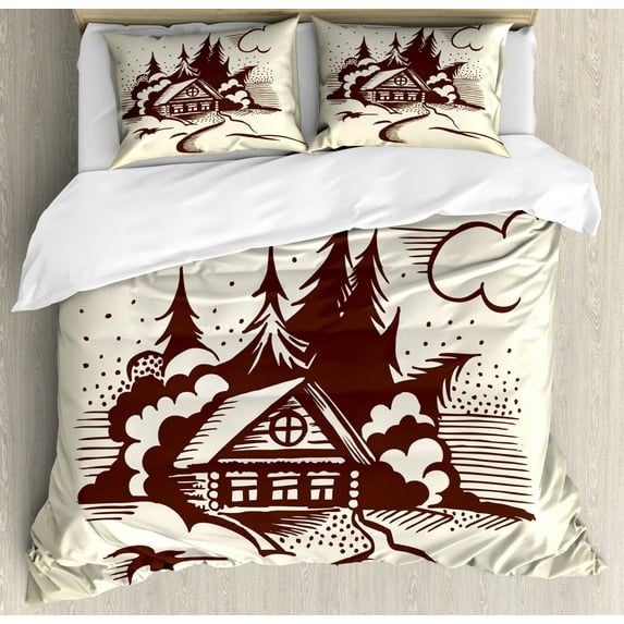Log Cabin Duvet Cover Set King Size, Monochrome Drawing Image of a Wooden Cabin and Firs with Winter Theme, Decorative 3 Piece Bedding Set with 2 Pillow Shams, Eggshell Dark Rosewood, by Ambesonne
