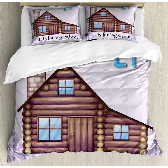 Log Cabin Duvet Cover Set Queen Size, Alphabet Flashcard for L Letter with Image of Log Cabin, Decorative 3 Piece Bedding Set with 2 Pillow Shams, Pastel Purple and Pale Chocolate, by Ambesonne