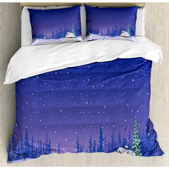 Log Cabin Duvet Cover Set, Winter Cartoon Illustration of Wooden Houses in a Snowy Night Print, Decorative 3 Piece Bedding Set with 2 Pillow Shams, Calking Size, Violet and Pastel Purple, by Ambesonne