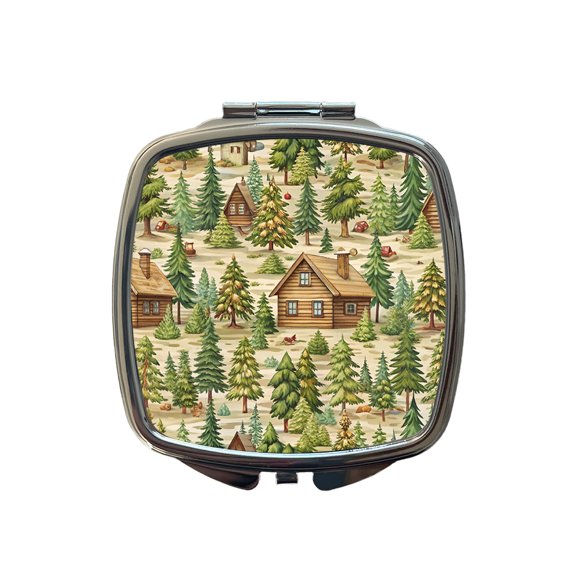 Log Cabin In Forest Pattern Travel Makeup Handbag Purse Small Pocket Compact Mirror