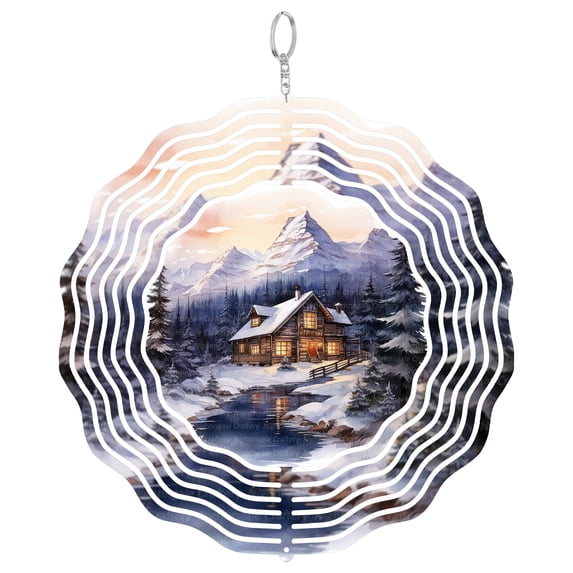 Log Cabin In Snow 3D Wind Spinner Stainless Steel Kinetic Art Winter Holiday Home Decor Gift