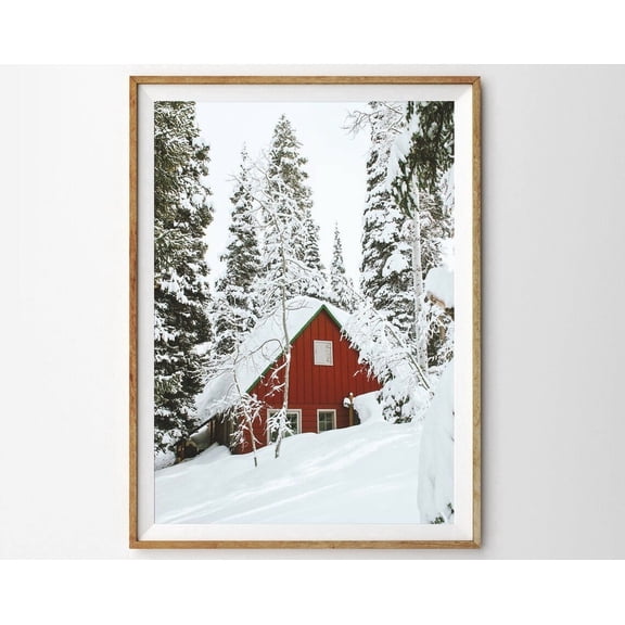 Log Cabin In Woods Print Red Cabin In Snow Decor Winter Prints Snowy Scene Rustic Farmhouse Wall Art Modern Wall Decor