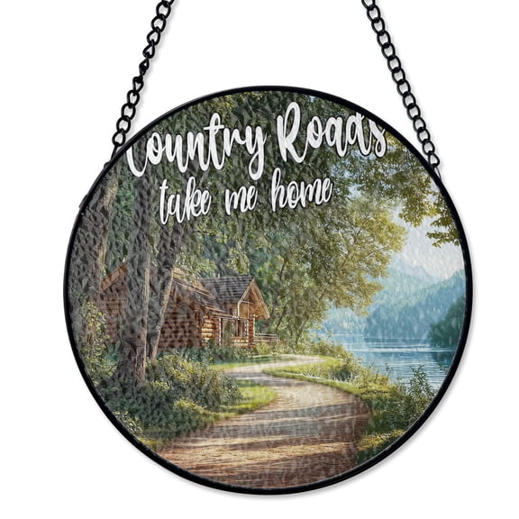 Log Cabin In Woods Suncatcher Stained Glass Style, UV Printed Glass Mountain Home Decor, Round