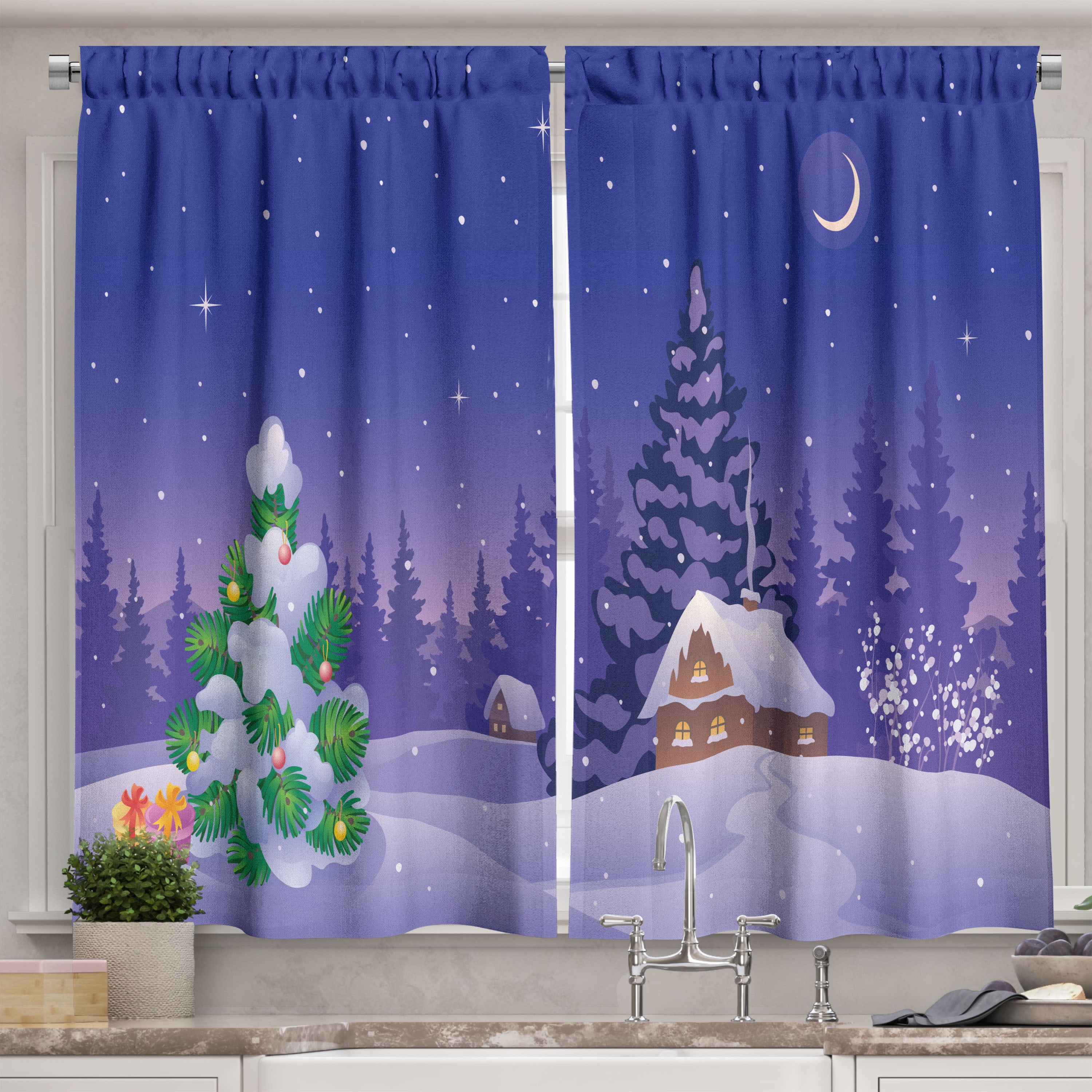 Log Cabin Kitchen Curtains, Winter Theme Image of a Rustic Cabin and