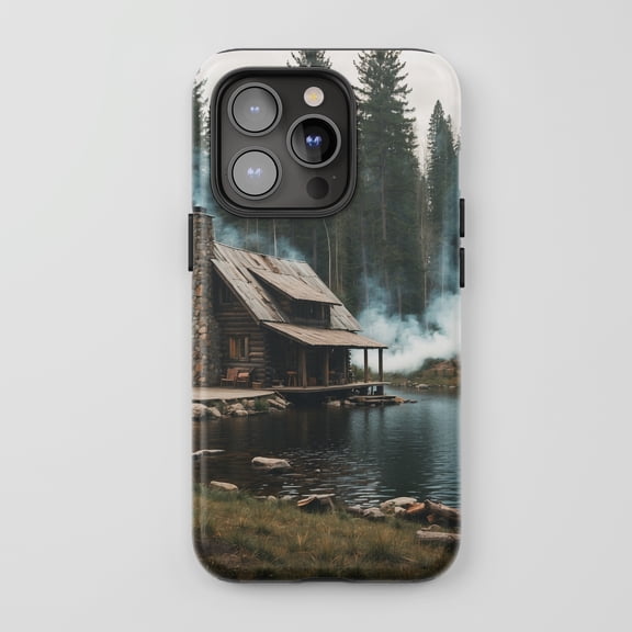 Log Cabin Lake Forest Scene For All iPhone Series Tough Phone Case Nature