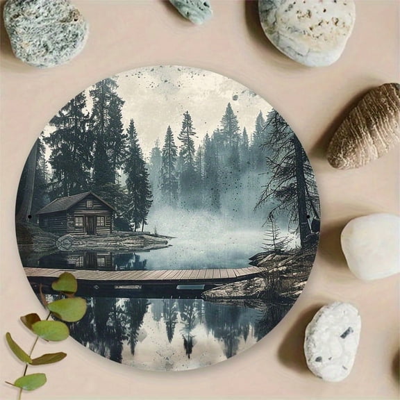 Log Cabin by Misty Lake Round Aluminum Sign, Rustic Pine Forest Wall Decor, 1pc, 8" Wall Art Metal Sign, For Kitchen, Door, Room, Bathroom, Ideal Gift, Weather Resistant, 2D Flat