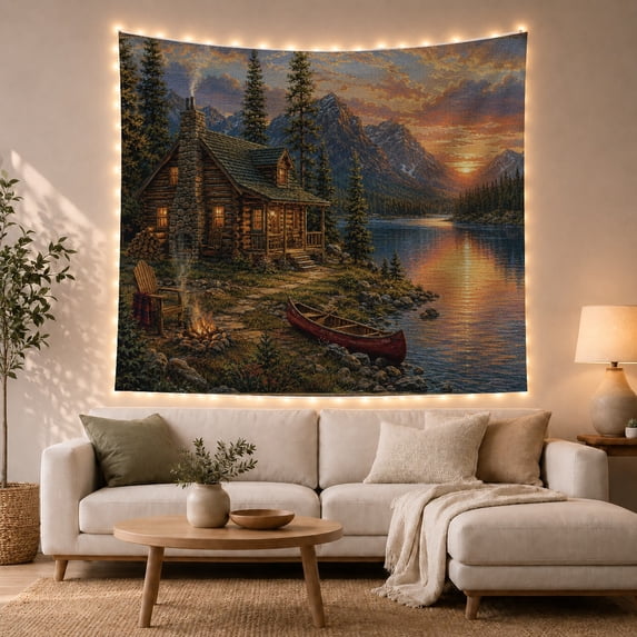 Log Cabin at Mountain Lake with Warm Glowing Windows at Sunset, Cozy Rustic for Nature Lovers, Lakeside Wall Art, Housewarming Gift, Tapestry Wall Hanging for Den and Living Room