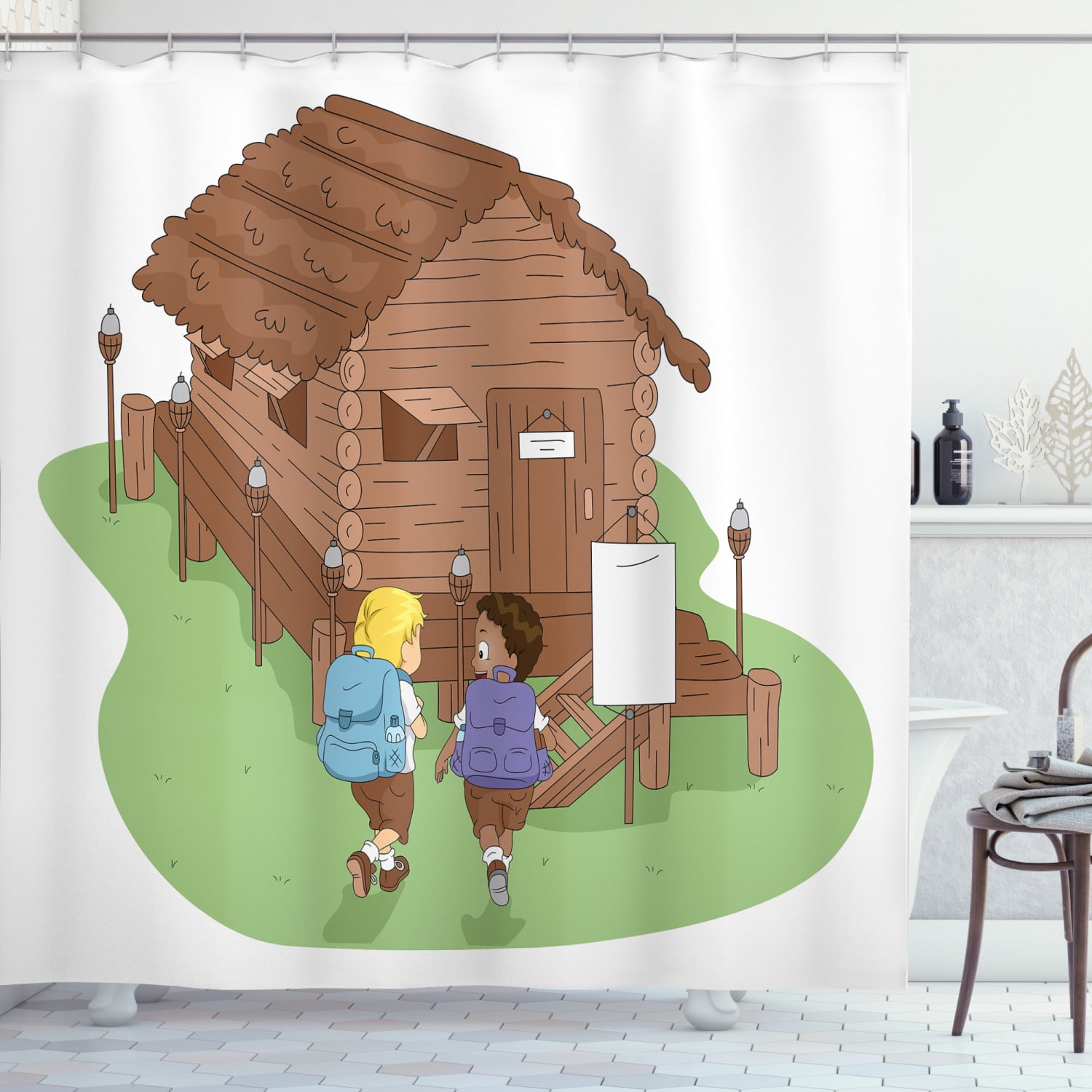 Log Cabin Shower Curtain, Cartoon Description on Plain Background of 2 Kids  Heading to a Lodge, Fabric Bathroom Set with Hooks, 69W X 70L Inches, Brown  and Multicolor, by Ambesonne - Walmart.com, image size:1500x1500