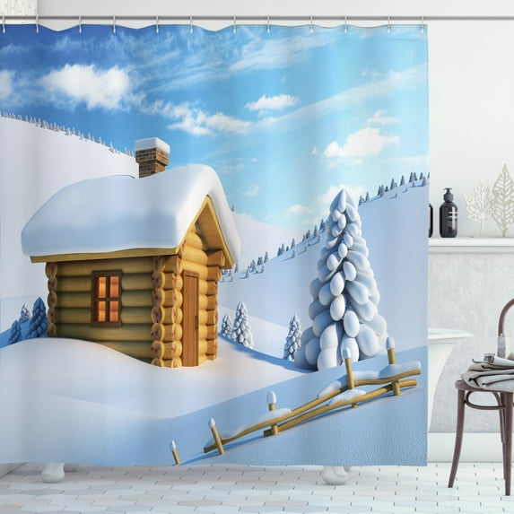 Log Cabin Shower Curtain, Illustration of a Small Wooden Lodge in Snowy Mountainous Landscape with Firs, Fabric Bathroom Set with Hooks, 69W X 70L Inches, Multicolor, by Ambesonne