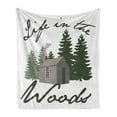 thumbnail image 1 of Log Cabin Soft Flannel Fleece Blanket, Image of a Rustic Lodge in a Forest with Life in the Woods Message, Cozy Plush for Indoor and Outdoor Use, 50" x 60", White Emerald Grey Teal, by Ambesonne, 1 of 6