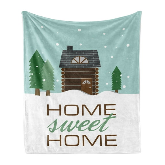 Log Cabin Soft Flannel Fleece Throw Blanket, Text Illustration of a Rustic Lodge Ornamented with Winter Theme, Cozy Plush for Indoor and Outdoor Use, 50" x 60", Pale Seafoam Multicolor, by Ambesonne