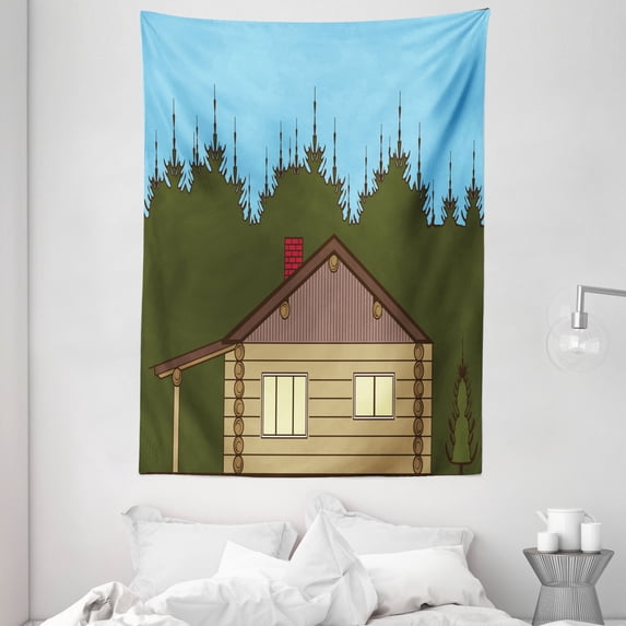 Log Cabin Tapestry, Cartoon Image of a Rustic Cabin in Nature near Dense Forest Art Print, Wall Hanging for Bedroom Living Room Dorm Decor, 60W X 80L Inches, Sky Blue Green Brown, by Ambesonne