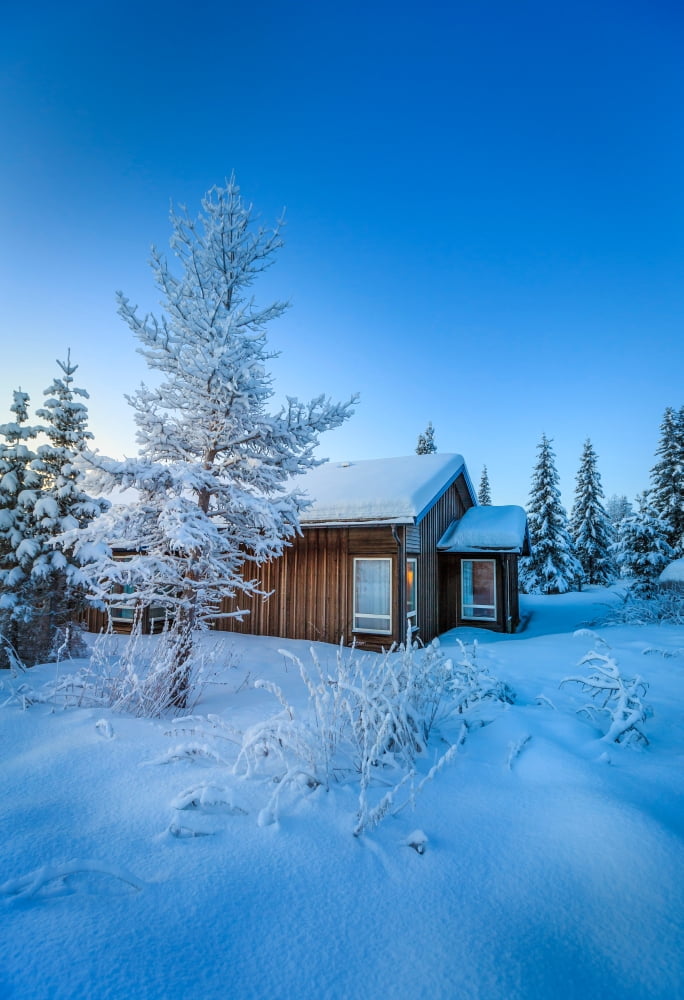 Log Cabin and snow covered trees in extreme cold temperatures Lapland Sweden Canvas Art - Panoramic Images (24 x 18)