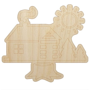 Log Cabin in the Woods Wood Shape Unfinished Piece Cutout Craft DIY Projects - 4.70 Inch Size - 1/8 Inch Thick