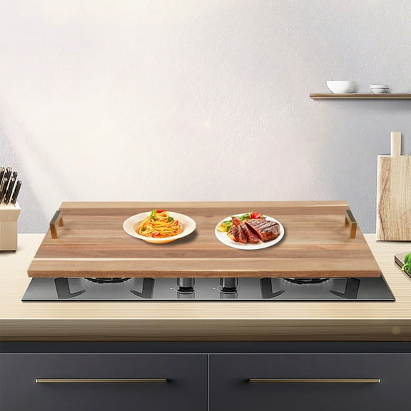 Log Color Acacia Wood Stove Board With Gold Handle 29*21*0.5in Wood Stove Top Cover High Load-Bearing Tray Tank Cover