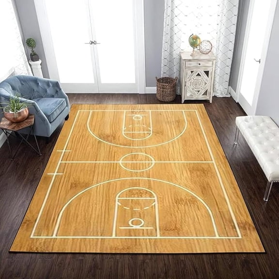 Log Color Basketball Court Area Rugs, Basketball Enthusiasts Print Rug, Indoor Non-Slip Kids Rugs, Machine Washable Breathable Durable Carpet For Living Room Entrance Floor Decor 1x2ft