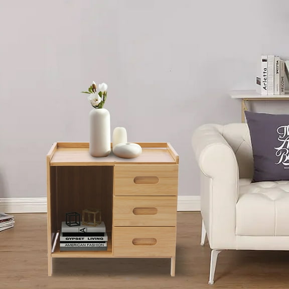 Log Color Bedside Cabinet, Bedside Cabinet with 3 Drawers and 1 Open Compartment, Modern Bedside Cabinet