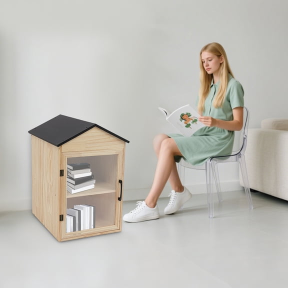 Log Color Black Top 40.9x37x64.5cm Single-Door Bookcase Double-Layer Storage Transparent Window Outdoor Shared Book Box