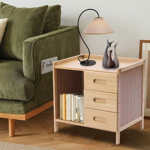 Log Color Nightstand With 3 Drawers And 1 Open Shelf, Wooden Bedside Table For Bedroom Living Room