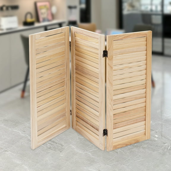 Log Color Paulownia Wood 35.4x31.9 Inch Triple Partition Screen Folding Partition Shutter Room Partition