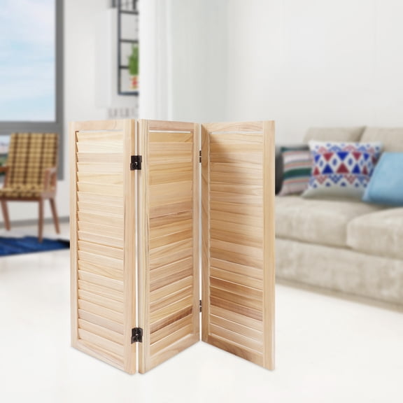 Log Color Paulownia Wood 35.4x31.9 Inch Triple Partition Screen Folding Partition Shutter Room Partition