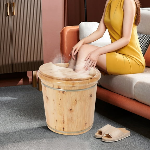 Log Color Solid Wood Foot Bath Bucket 40*40cm Covered Stool Insulation Deep Bucket Household Foot Bath Massage Foot Bath Bucket.