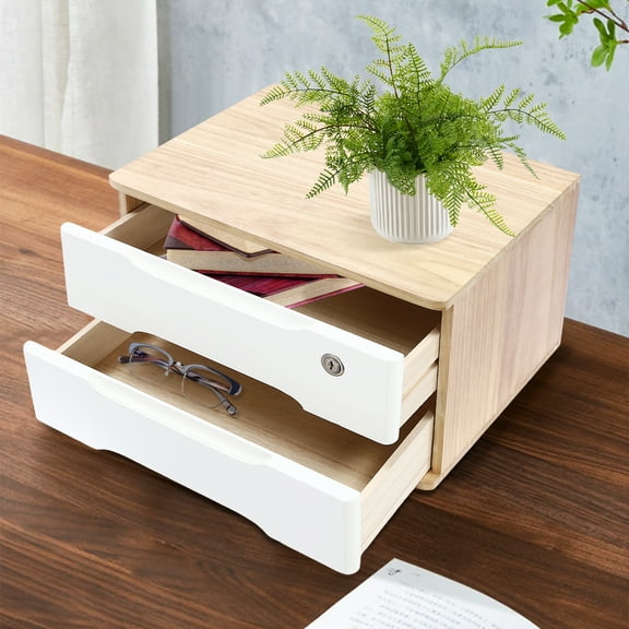 Log Color Wood 39cm Lock Storage Cabinet Double Drawer Desktop Storage Box File Storage Cabinet