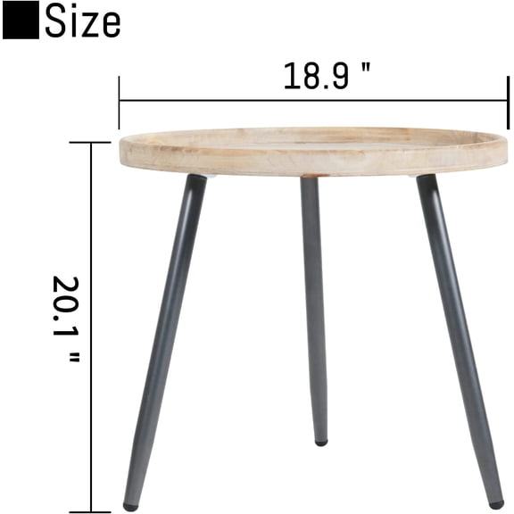 Log Desktop Round Side End Table, Nightstand Tables, Indoor Outdoor Round Side Table, Wooden Tray Table with Black Metal Stand End Table for Living Room Bedroom Office Small Spaces (L)