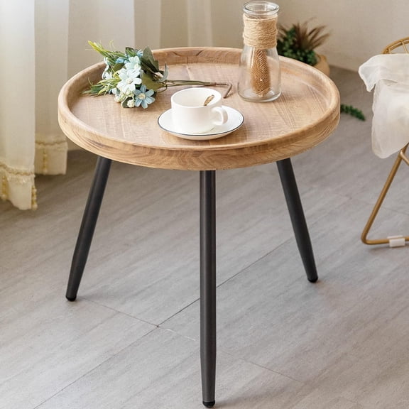 Log Desktop Round Side End Table, Nightstand Tables, Indoor Outdoor Round Side Table, Wooden Tray Table with Black Metal Stand End Table for Living Room Bedroom Office Small Spaces (L)